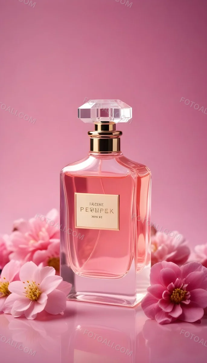 Perfume Bottle With Pink Liquid And Flowers Inside Pink Flowers Around The Bottle Pink Background 5 Ef55