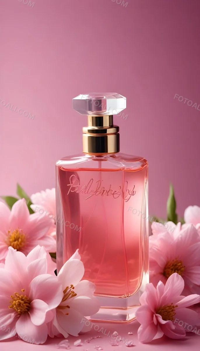 Perfume Bottle With Pink Liquid And Flowers Inside Pink Flowers Around The Bottle Pink Background 7 930e