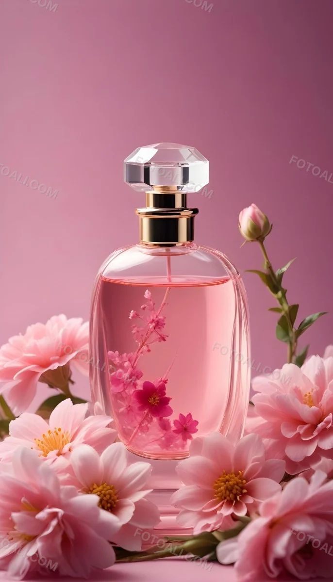 Perfume Bottle With Pink Liquid And Flowers Inside Pink Flowers Around The Bottle Pink Background 8 8068