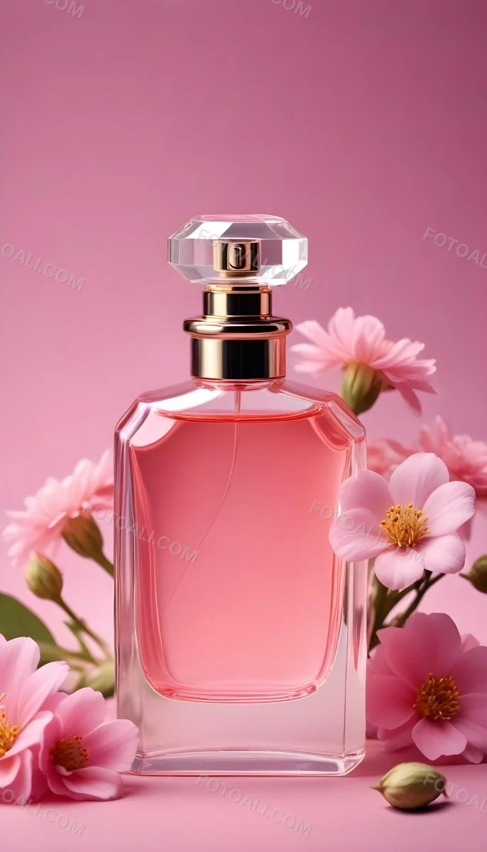 Perfume Bottle With Pink Liquid And Flowers Inside Pink Flowers Around The Bottle Pink Background 9 Ac7e