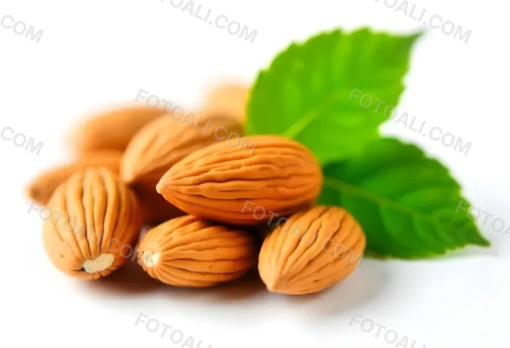 Pile Of Almonds With Green Leaves Close Up 12 5464