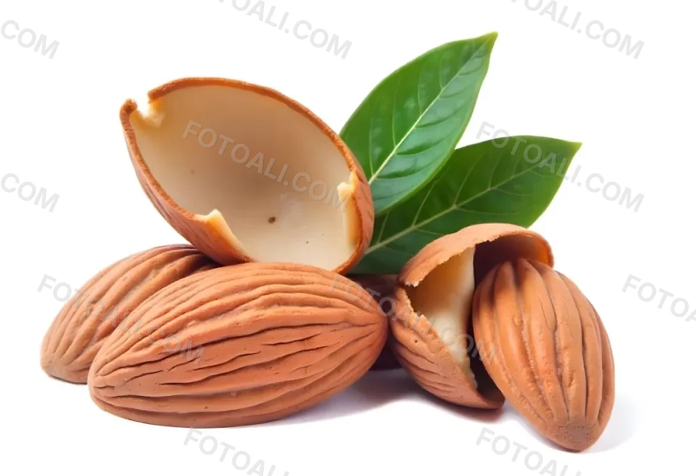 Pile Of Almonds With Green Leaves Close Up 14 Cdcb