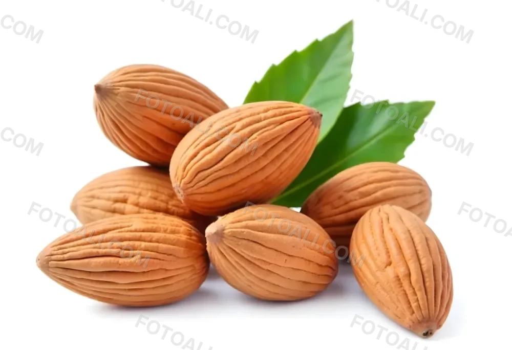 Pile Of Almonds With Green Leaves Close Up 16 0dd7