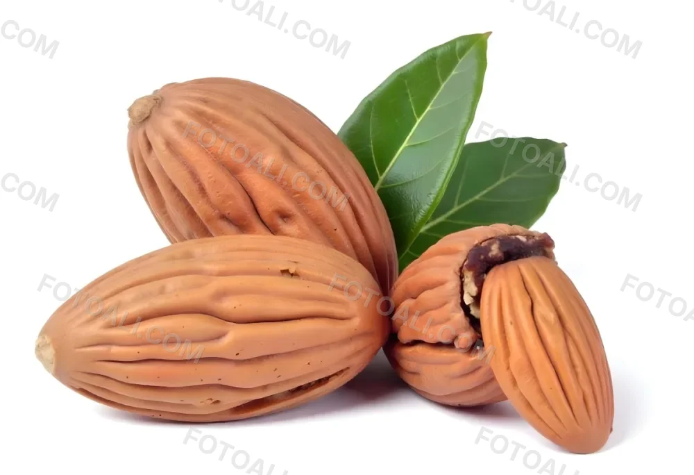 Pile Of Almonds With Green Leaves Close Up 19 3eb5