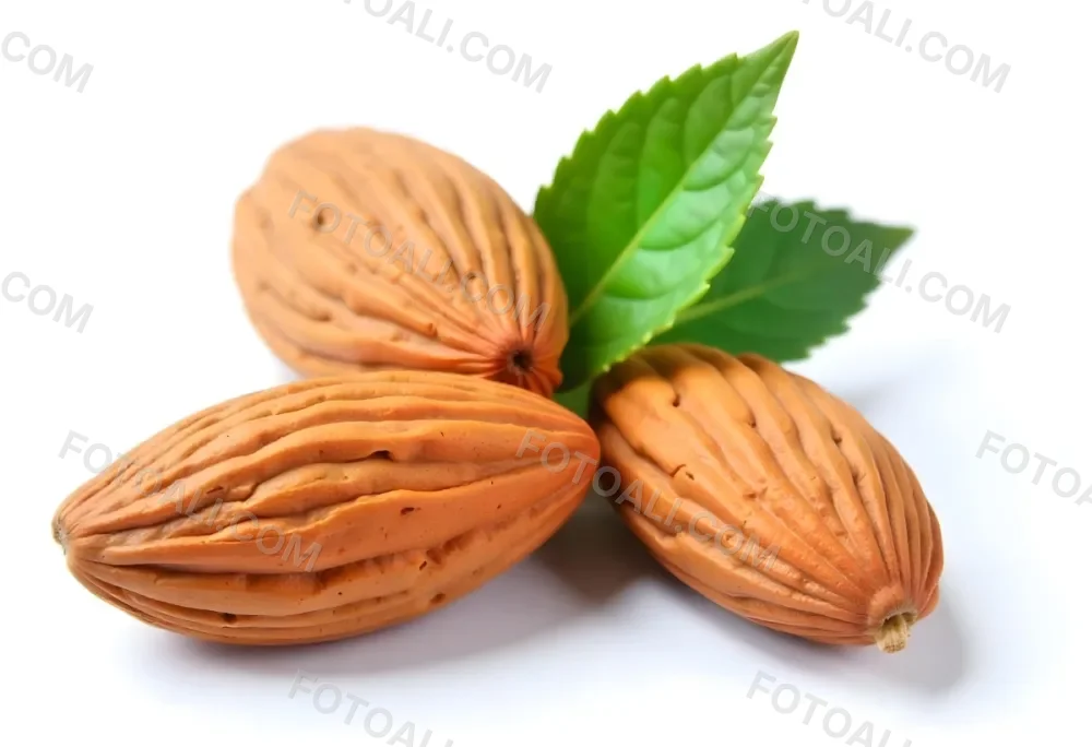 Pile Of Almonds With Green Leaves Close Up 20 Bbb6