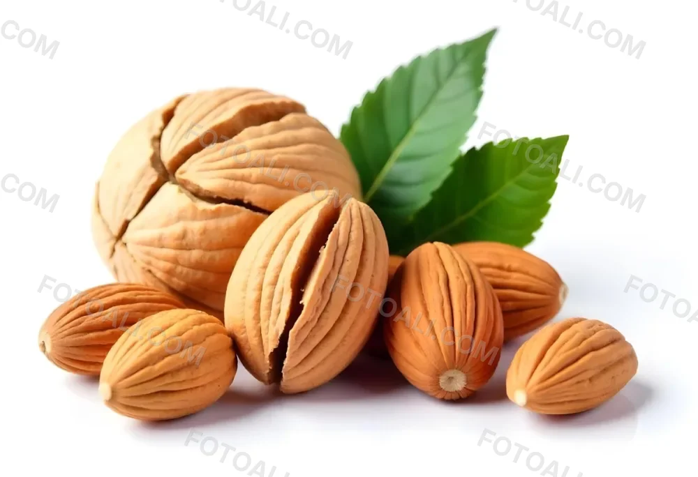 Pile Of Almonds With Green Leaves Close Up 21 0b69