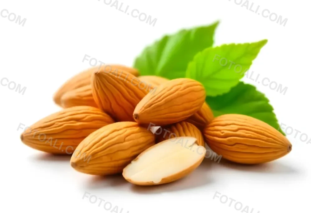 Pile Of Almonds With Green Leaves Close Up 3 E0d5
