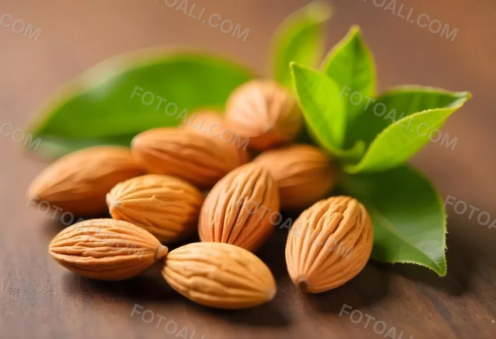 Pile Of Almonds With Green Leaves Close Up 4 15a8