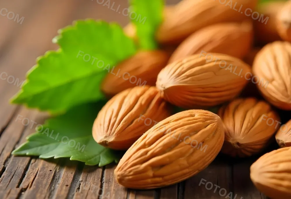 Pile Of Almonds With Green Leaves Close Up 5 1842