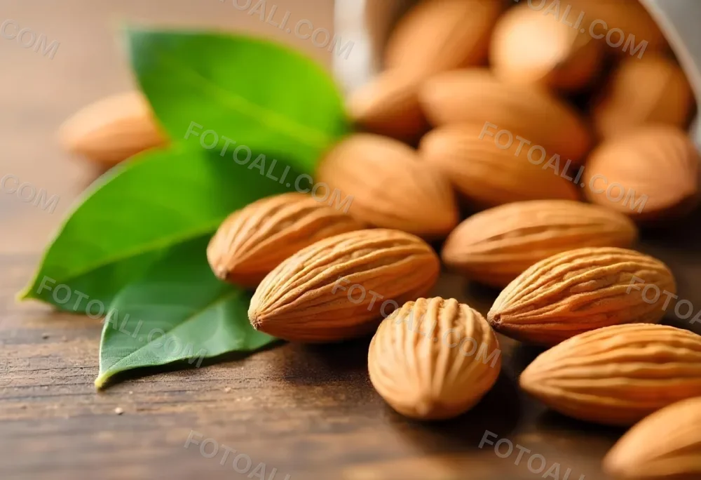 Pile Of Almonds With Green Leaves Close Up 7 64bf