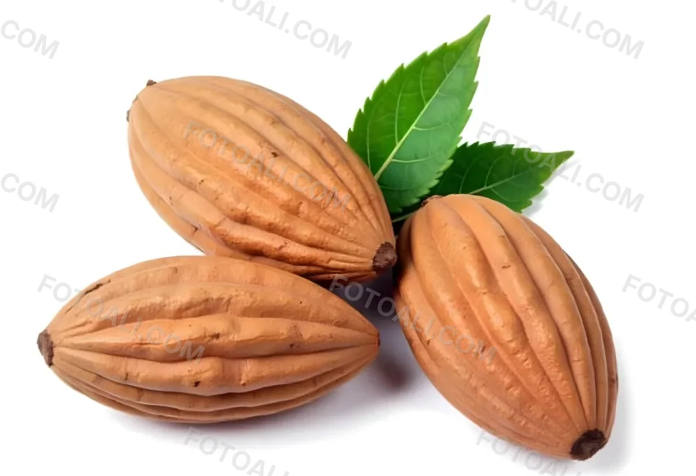 Pile Of Almonds With Green Leaves Close Up 9 E607