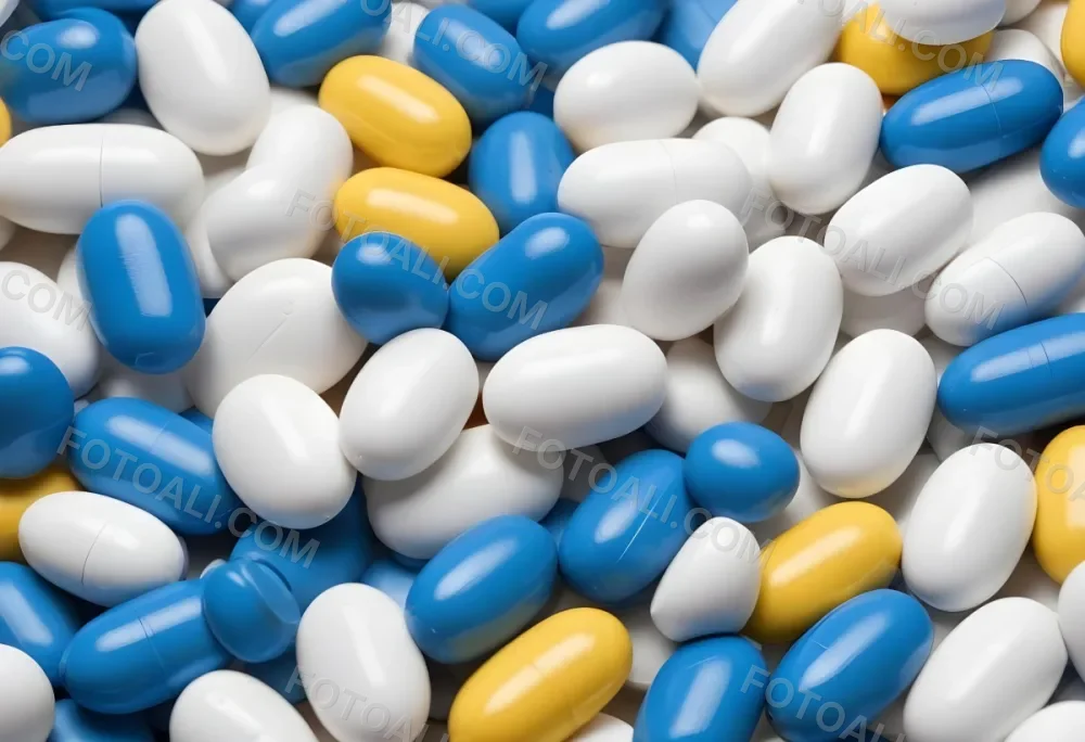 Pile Of Blue White And Yellow Pills And Capsules Pharmaceutical Drugs Medicine Health And Wellness Concept 1 5474