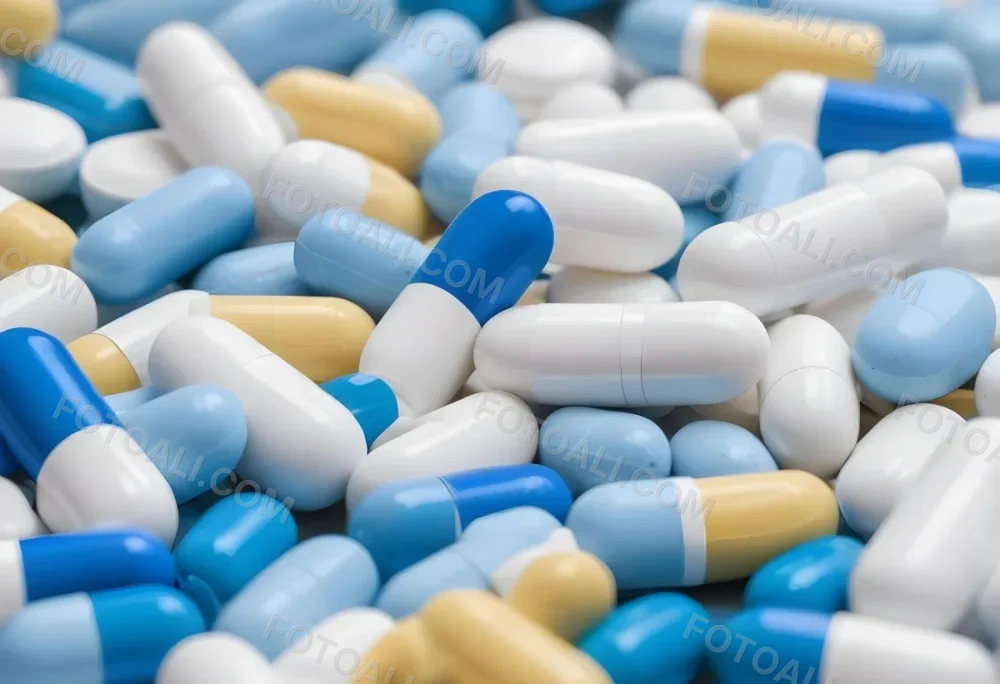 Pile Of Blue White And Yellow Pills And Capsules Pharmaceutical Drugs Medicine Health And Wellness Concept 10 C95e
