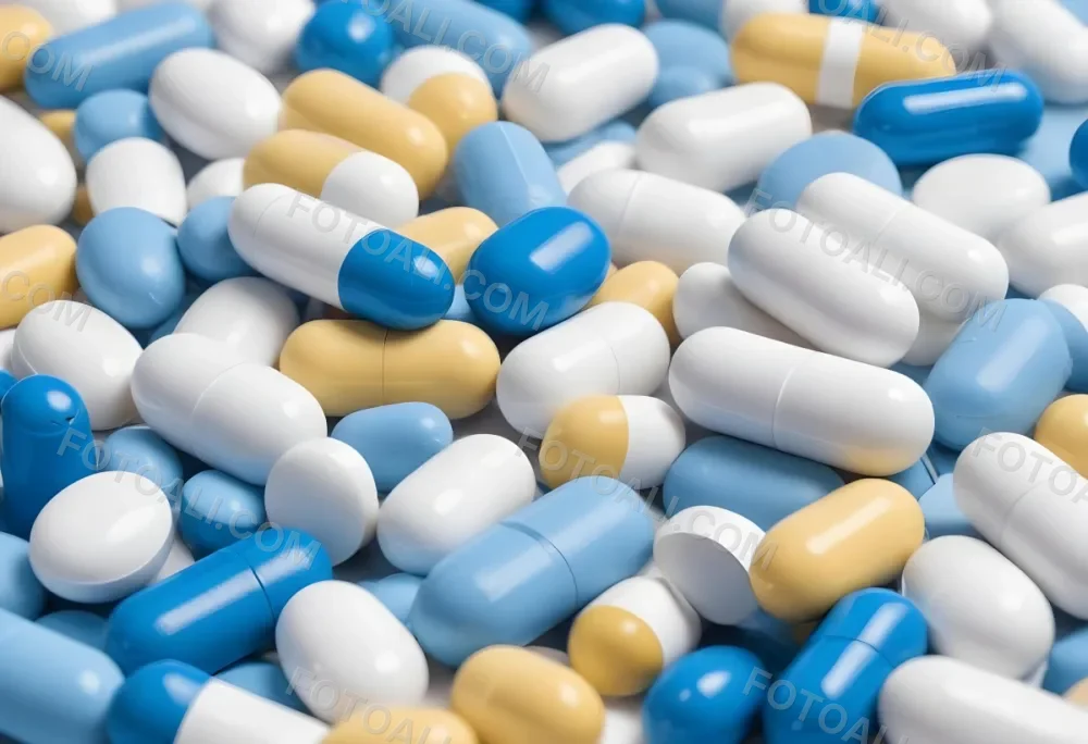 Pile Of Blue White And Yellow Pills And Capsules Pharmaceutical Drugs Medicine Health And Wellness Concept 11 635b