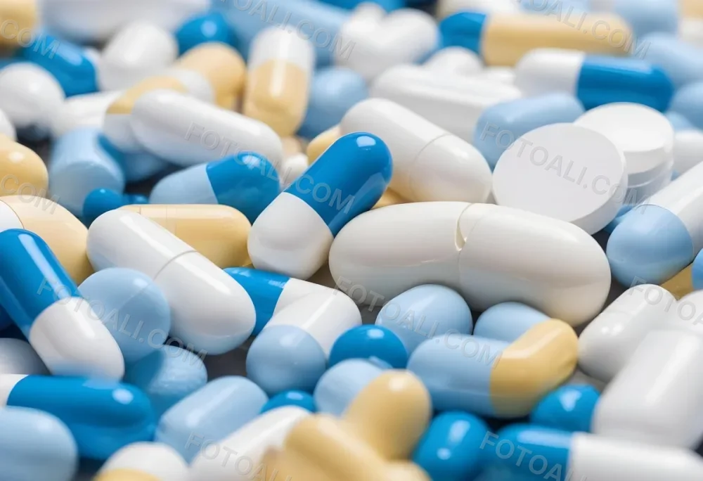 Pile Of Blue White And Yellow Pills And Capsules Pharmaceutical Drugs Medicine Health And Wellness Concept 12 Cc30
