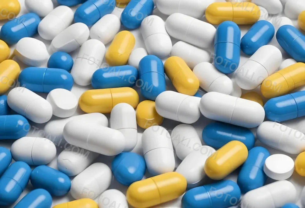 Pile Of Blue White And Yellow Pills And Capsules Pharmaceutical Drugs Medicine Health And Wellness Concept 2 5a87