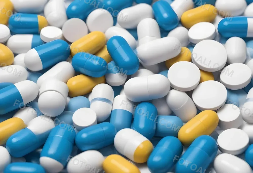 Pile Of Blue White And Yellow Pills And Capsules Pharmaceutical Drugs Medicine Health And Wellness Concept 3 C4ce