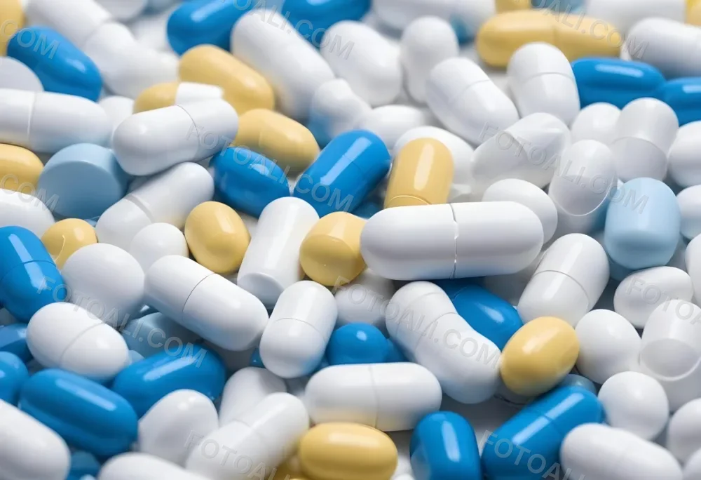 Pile Of Blue White And Yellow Pills And Capsules Pharmaceutical Drugs Medicine Health And Wellness Concept 4 05ba