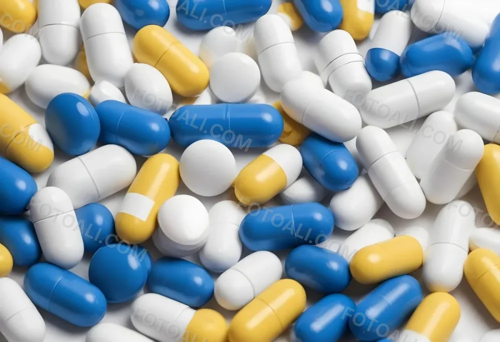 Pile Of Blue White And Yellow Pills And Capsules Pharmaceutical Drugs Medicine Health And Wellness Concept 5 5cbc