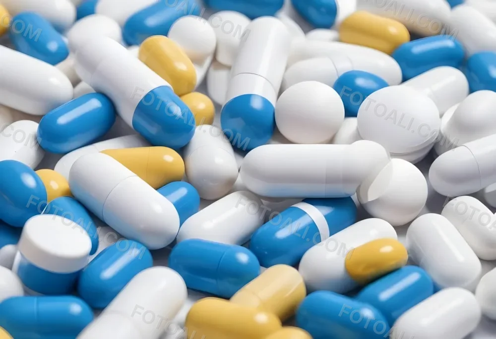 Pile Of Blue White And Yellow Pills And Capsules Pharmaceutical Drugs Medicine Health And Wellness Concept 6 32de
