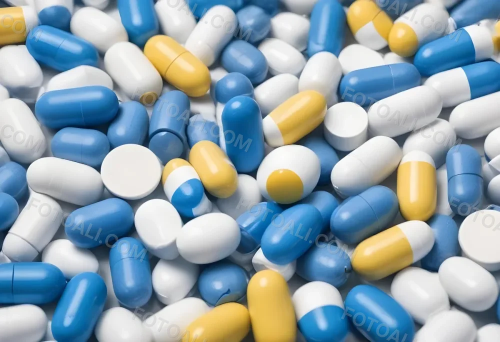 Pile Of Blue White And Yellow Pills And Capsules Pharmaceutical Drugs Medicine Health And Wellness Concept 7 8f8b