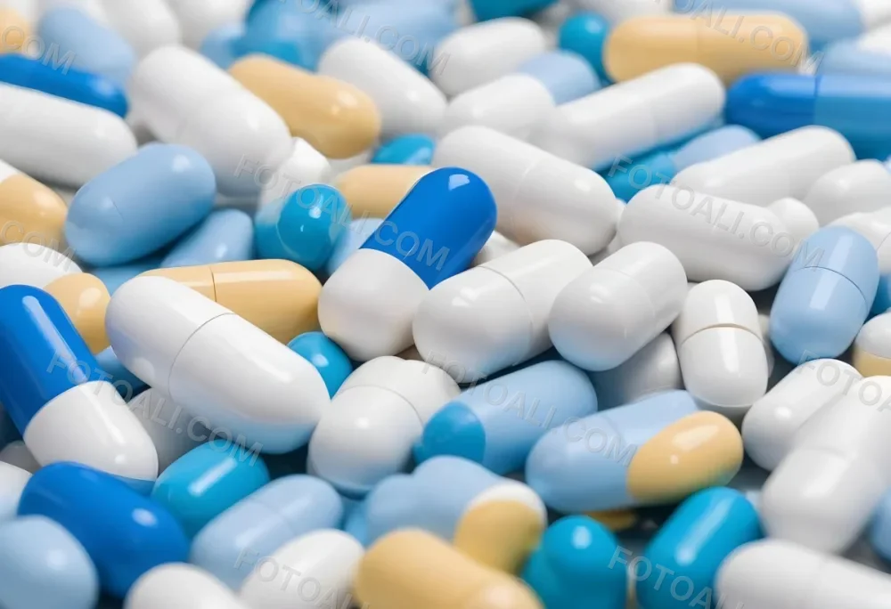 Pile Of Blue White And Yellow Pills And Capsules Pharmaceutical Drugs Medicine Health And Wellness Concept 9 E6d6