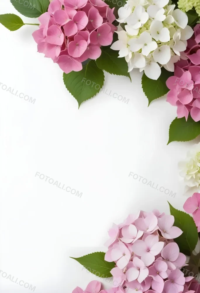 Pink And White Hydrangea Flowers With Green Leaves On A Light Background 13 Fd4a