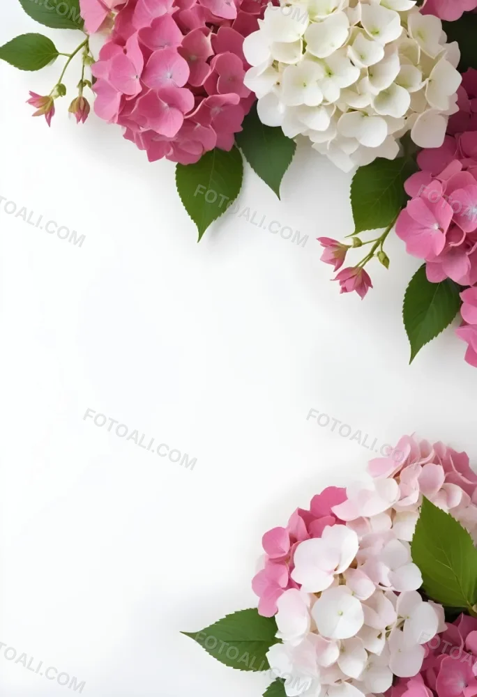 Pink And White Hydrangea Flowers With Green Leaves On A Light Background 17 B5e2