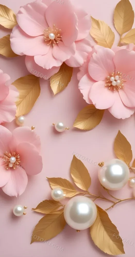 Pink Flowers Gold Leaves And Pearls On A Soft Background 19 376b
