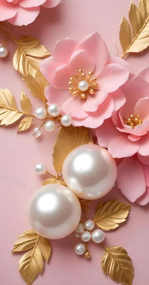 Pink Flowers Gold Leaves And Pearls On A Soft Background 20 D0d2