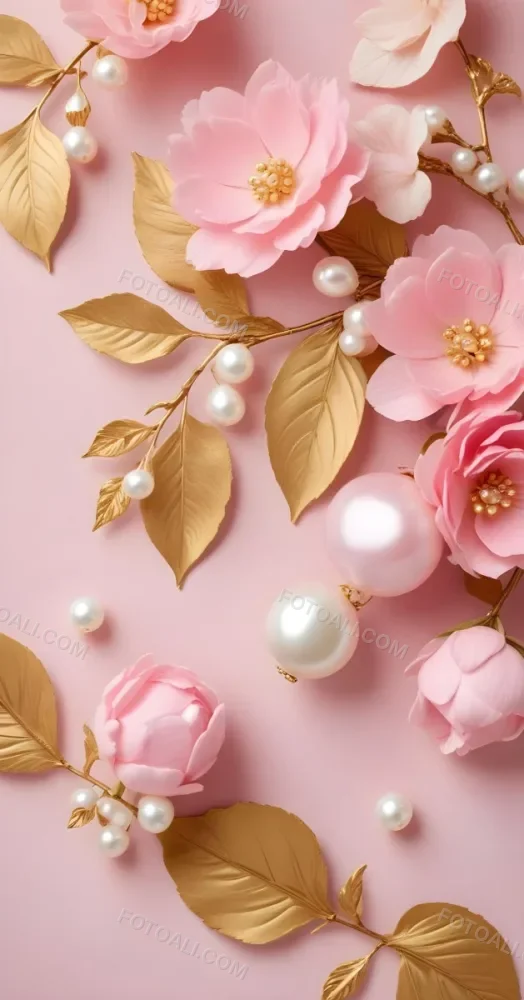 Pink Flowers Gold Leaves And Pearls On A Soft Background 21 0af6