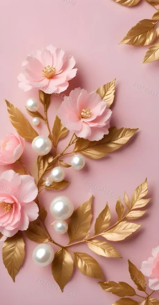 Pink Flowers Gold Leaves And Pearls On A Soft Background 23 5857