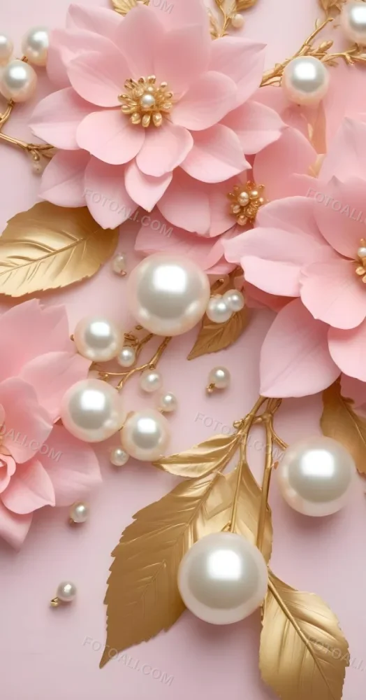Pink Flowers Gold Leaves And Pearls On A Soft Background 25 3250