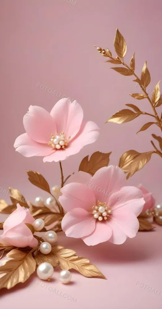 Pink Flowers Gold Leaves And Pearls On A Soft Background 35 12cb