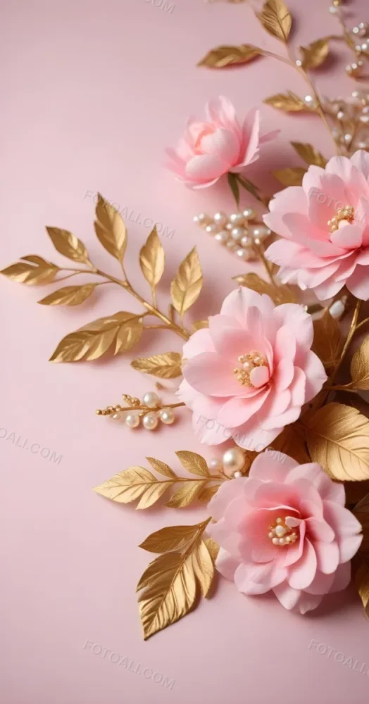 Pink Flowers Gold Leaves And Pearls On A Soft Background 36 195d