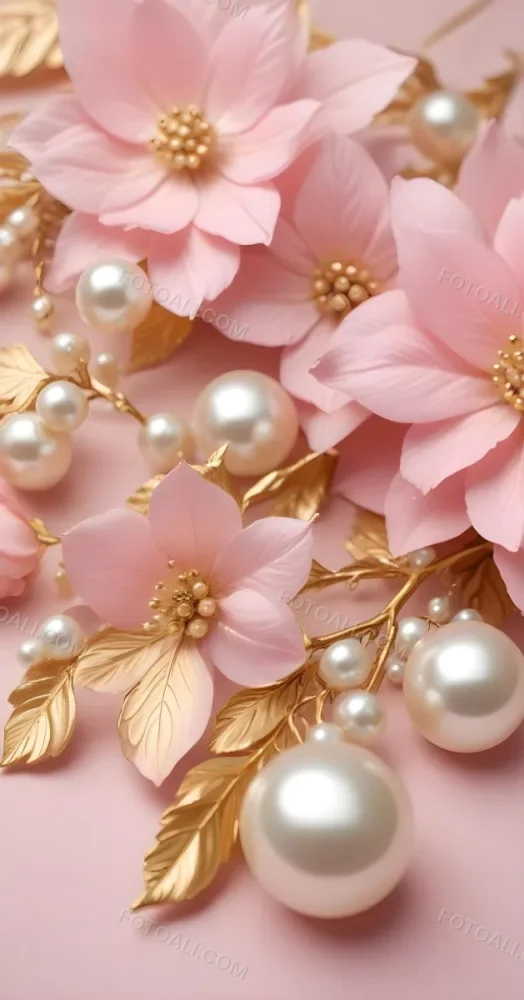 Pink Flowers Gold Leaves And Pearls On A Soft Background 45 555d
