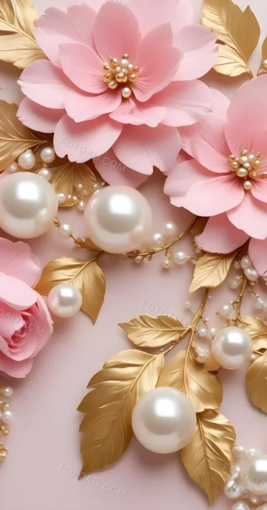 Pink Flowers Gold Leaves And Pearls On A Soft Background 56 Cad4