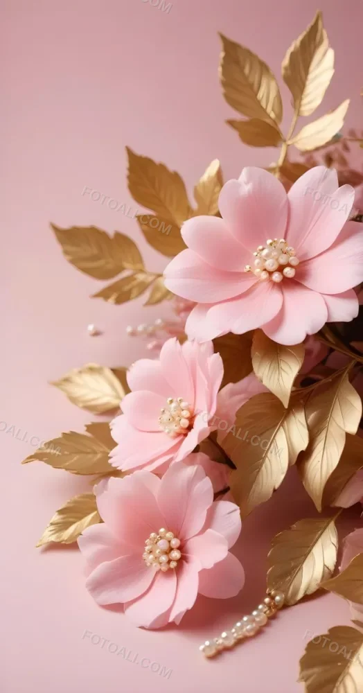 Pink Flowers Gold Leaves And Pearls On A Soft Background 60 44b2