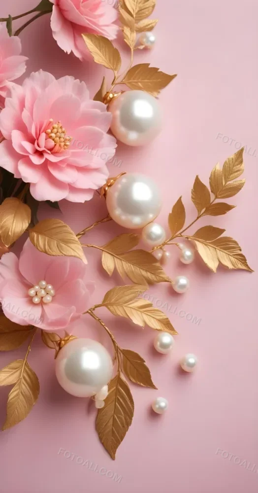 Pink Flowers Gold Leaves And Pearls On A Soft Background 62 1cfa