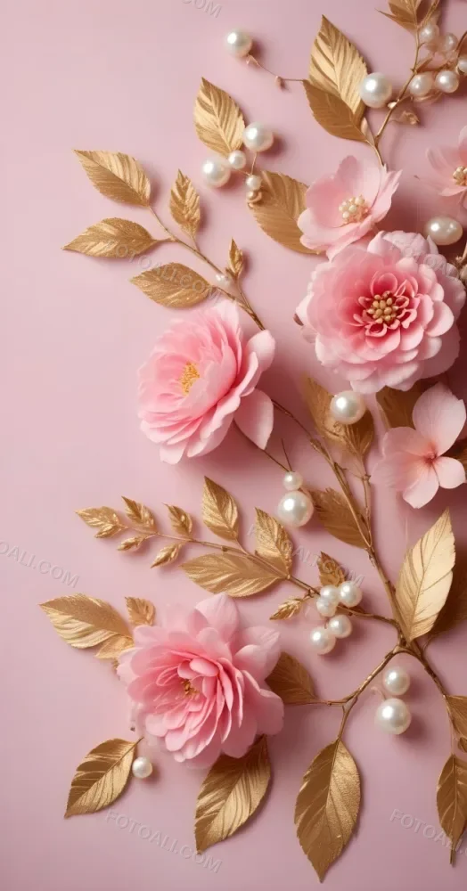 Pink Flowers Gold Leaves And Pearls On A Soft Background 63 F27e