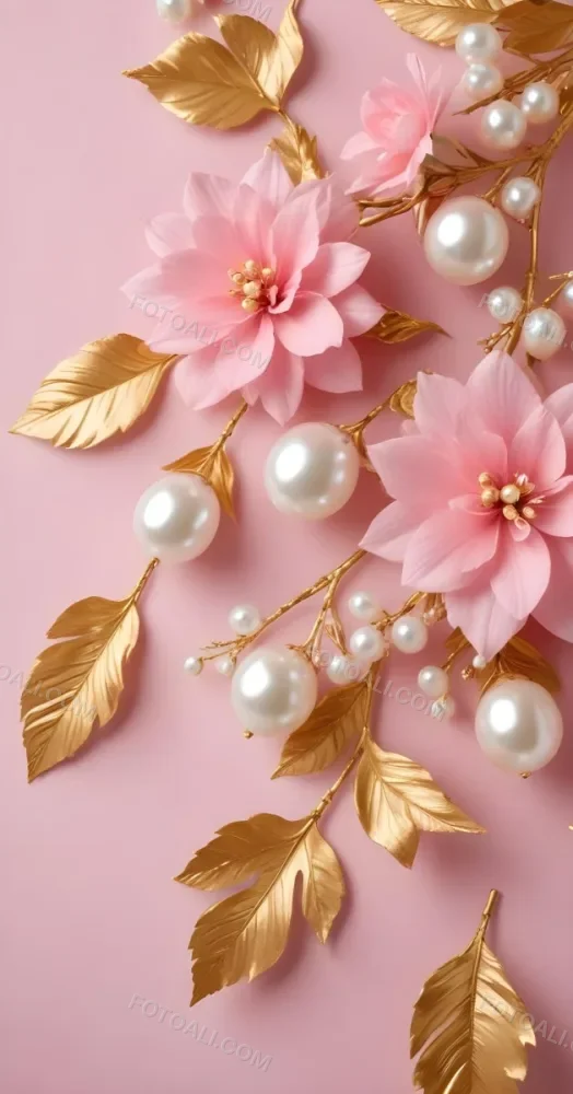Pink Flowers Gold Leaves And Pearls On A Soft Background 64 363f