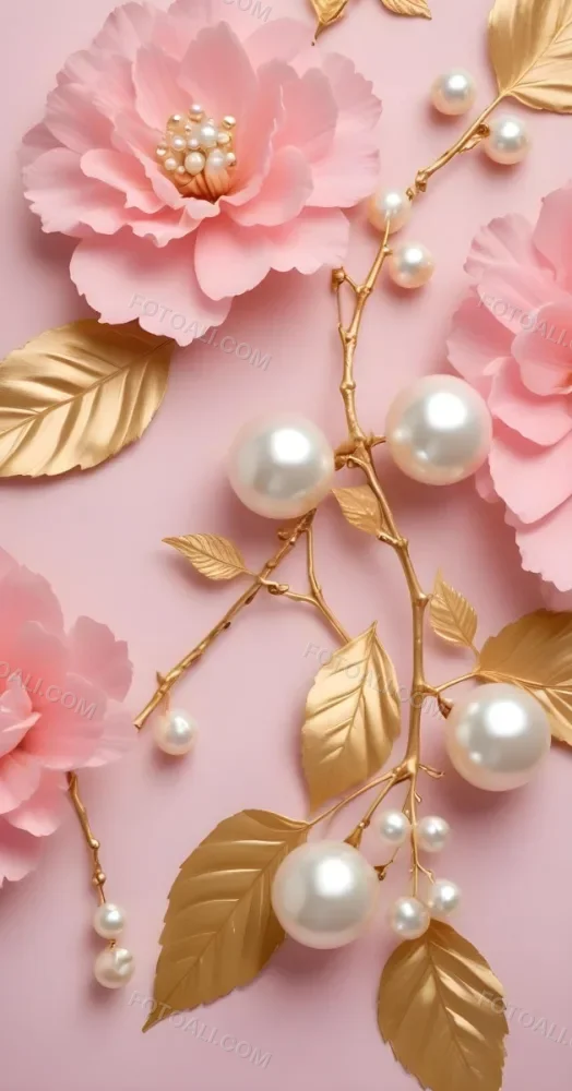 Pink Flowers Gold Leaves And Pearls On A Soft Background 7 0a68