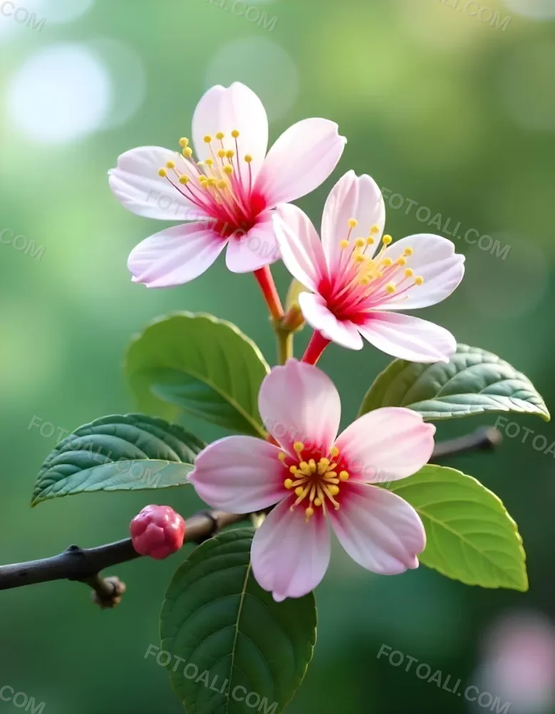 Pink Flowers With Pink Stamens And Yellow Leaves On A Branch With A Blurred Pink Background 22 394e