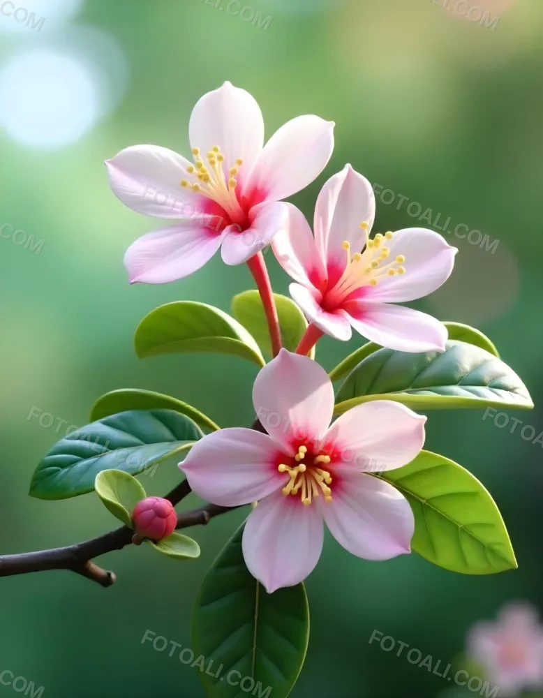 Pink Flowers With Pink Stamens And Yellow Leaves On A Branch With A Blurred Pink Background 26 D3ca
