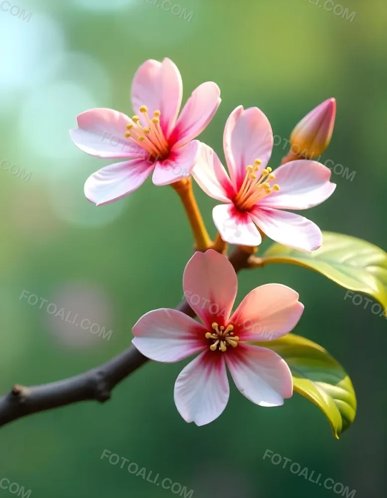 Pink Flowers With Pink Stamens And Yellow Leaves On A Branch With A Blurred Pink Background 28 54cc