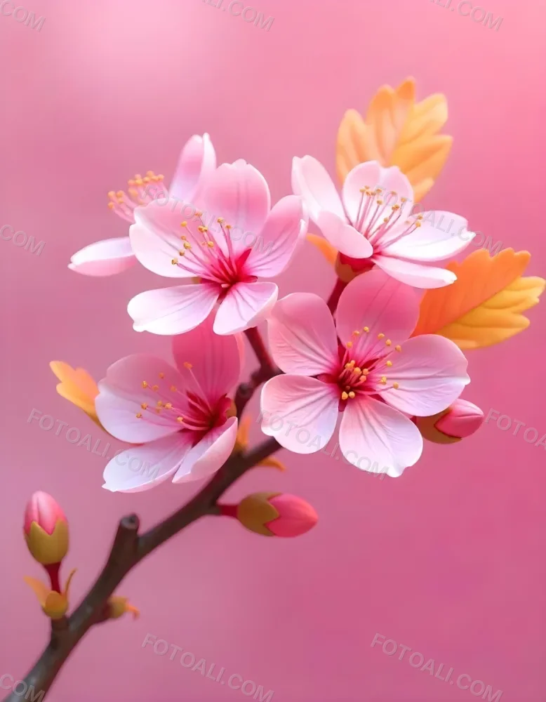 Pink Flowers With Pink Stamens And Yellow Leaves On A Branch With A Blurred Pink Background 31 105d