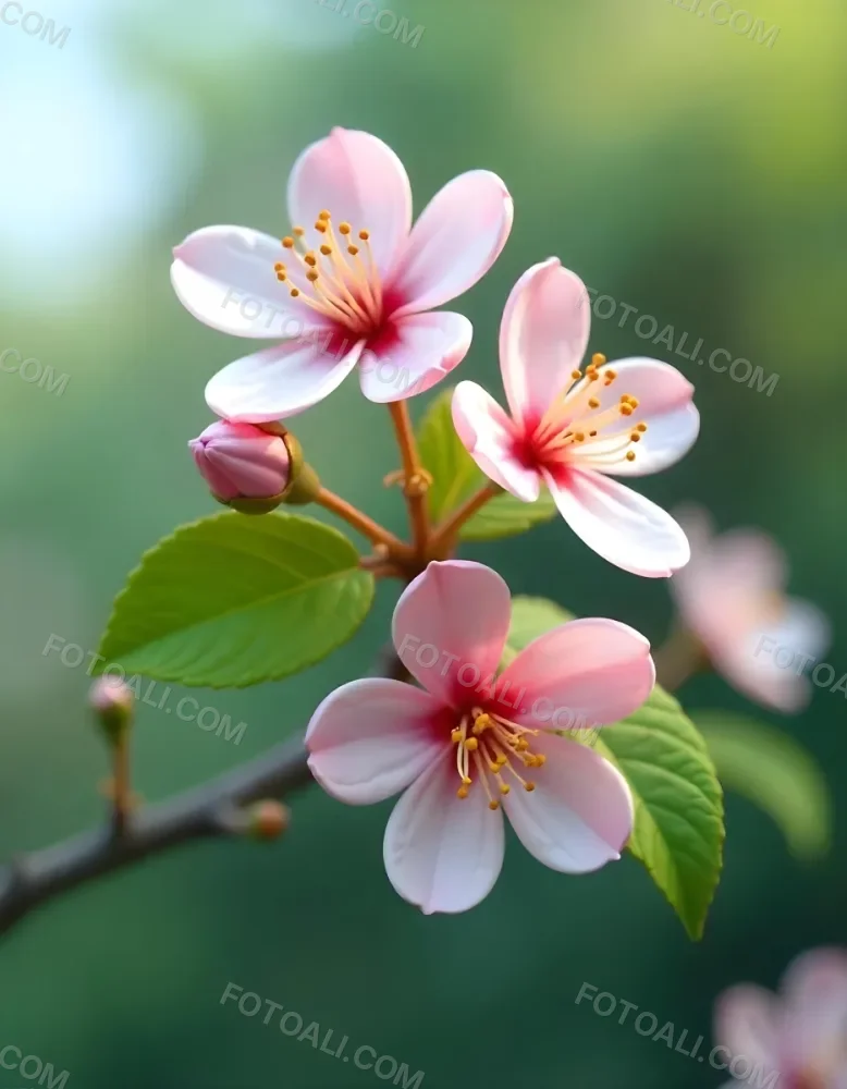Pink Flowers With Pink Stamens And Yellow Leaves On A Branch With A Blurred Pink Background 41 23b1