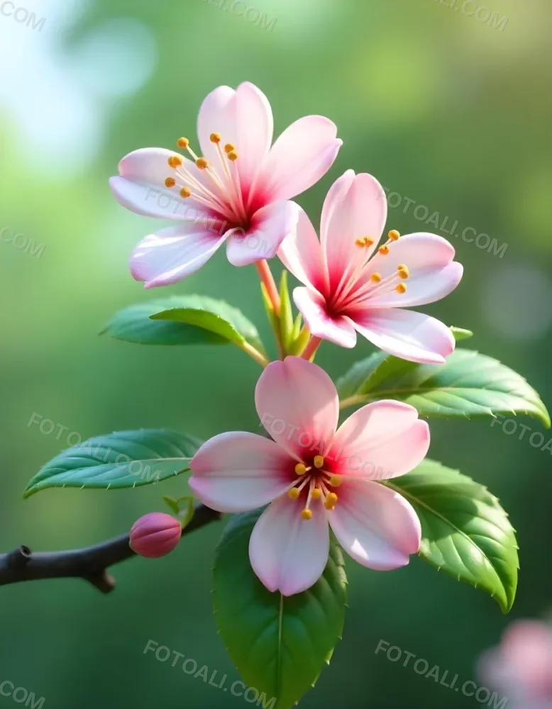 Pink Flowers With Pink Stamens And Yellow Leaves On A Branch With A Blurred Pink Background 47 C007