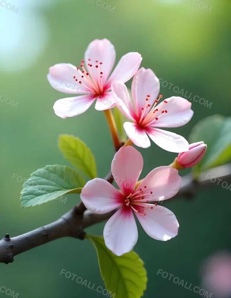 Pink Flowers With Pink Stamens And Yellow Leaves On A Branch With A Blurred Pink Background 50 4838