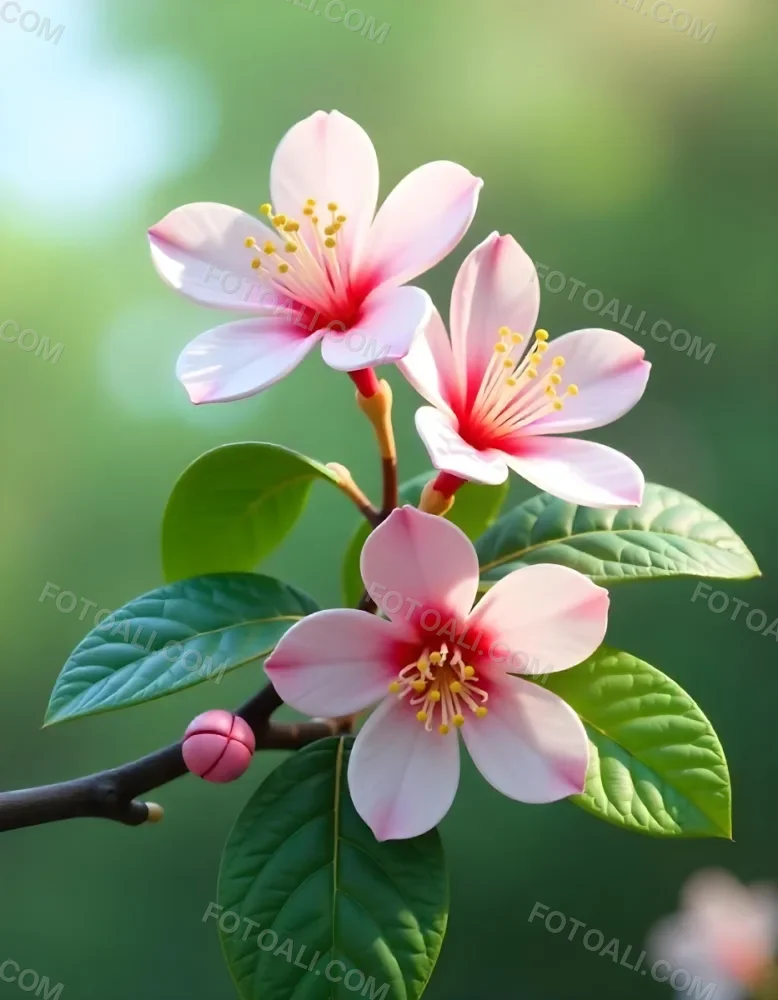Pink Flowers With Pink Stamens And Yellow Leaves On A Branch With A Blurred Pink Background 71 45cb